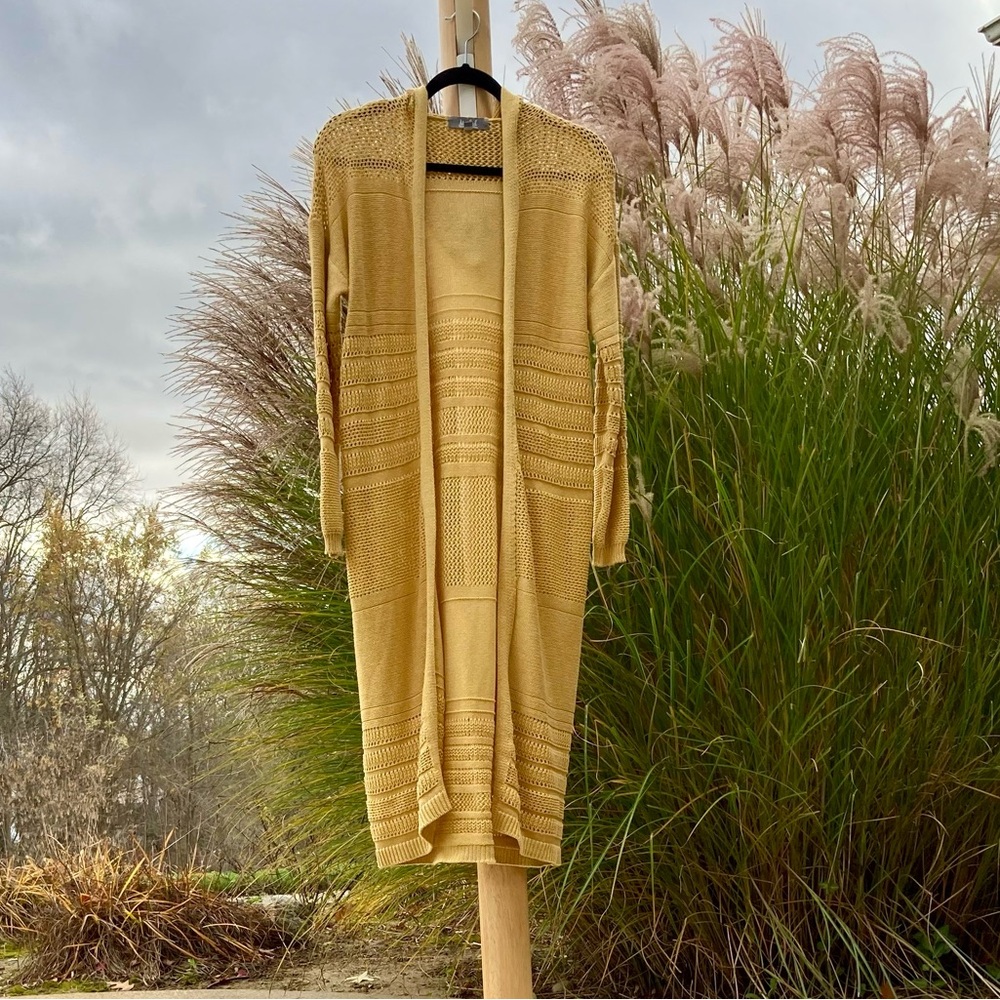 Marled: women’s S open front, open work, long hooded cardigan in soft mustard.